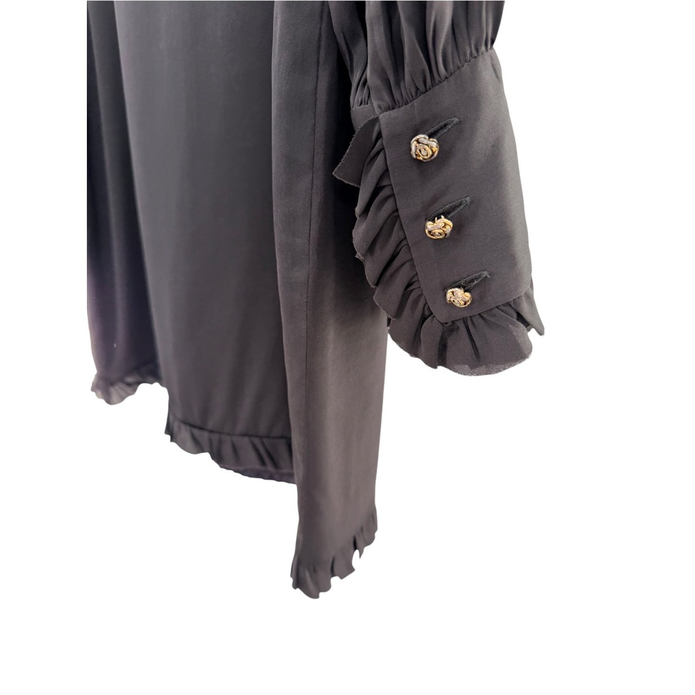 Milly of New York Black Silk Ruffle Dress 8 Gold Rose Button Side Slit Vintage - Picture 4 of 6